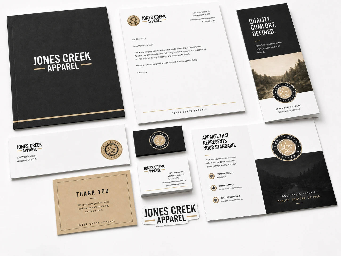 Printed materials — posters, stickers, and business cards from Jones Creek Apparel